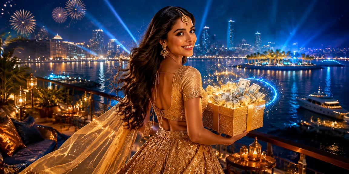 Festive Indian casino event with players dressed in lehenga at Ahmedabad riverfront