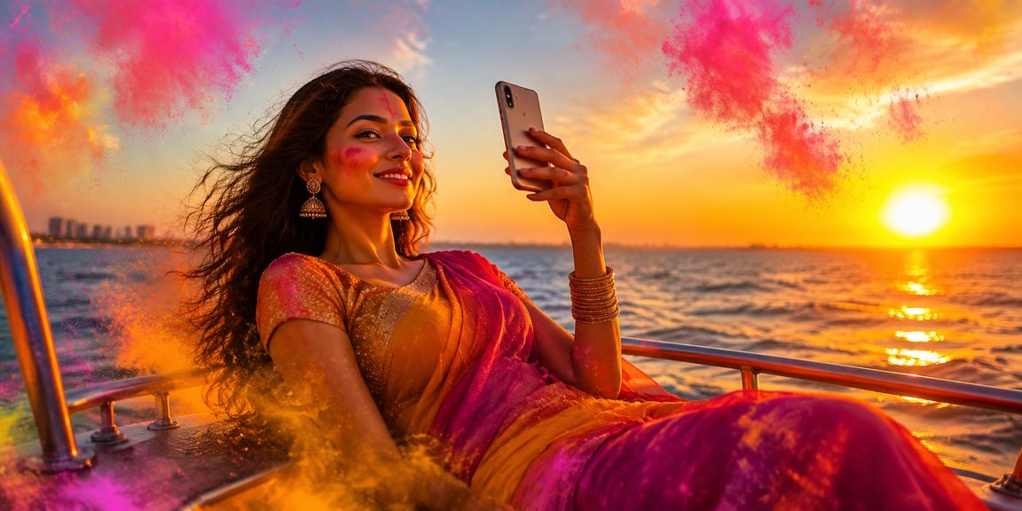 User making deposit through mobile payment app during Holi festival in Chennai
