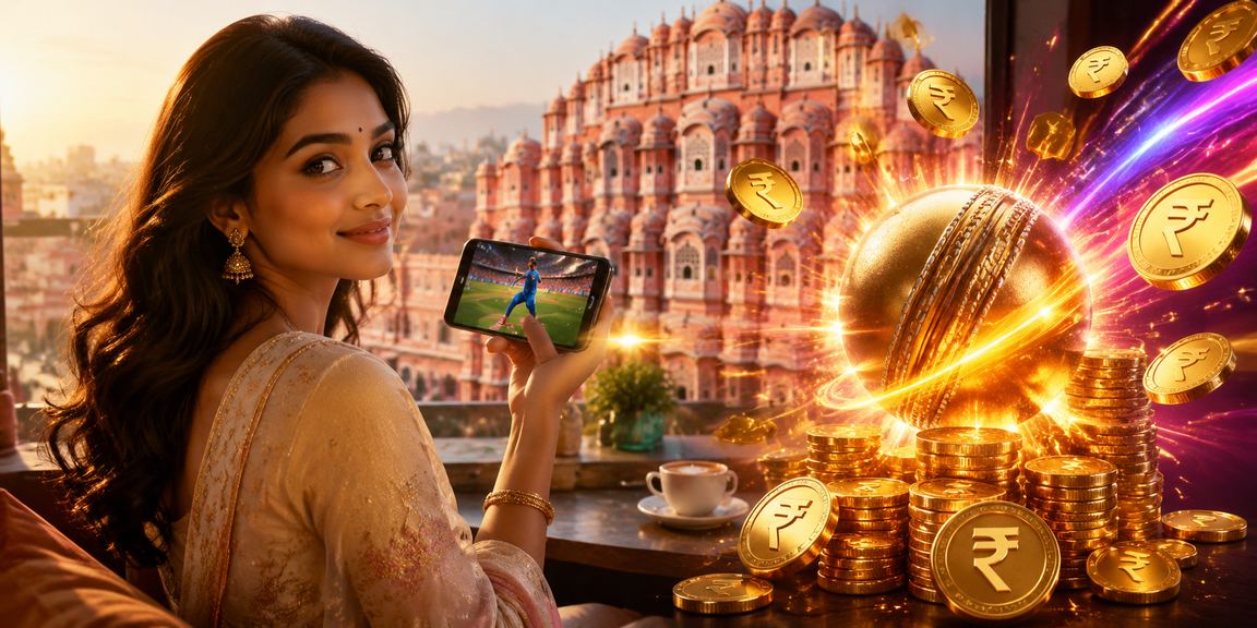 View of Jaipur’s Hawa Mahal and a sports betting player checking odds on mobile with rupee symbol