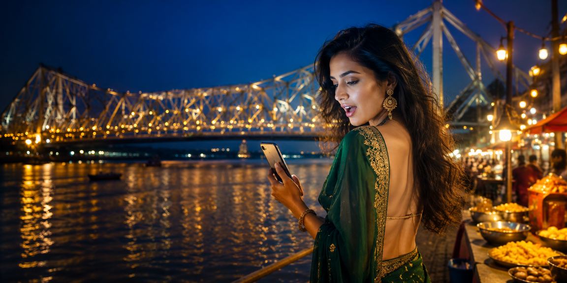 Indian woman playing mobile slot games in traditional saree in Kolkata